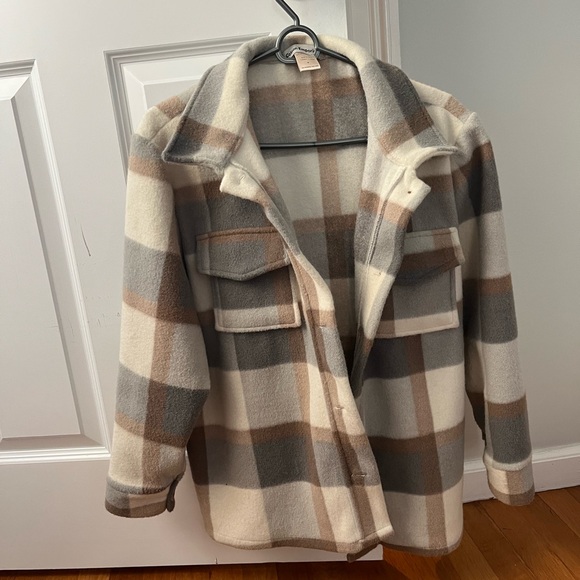 Cotton Emporium Jackets & Blazers - Cotton Emporium Plaid Wool Shacket in Cream, Gray, and Brown